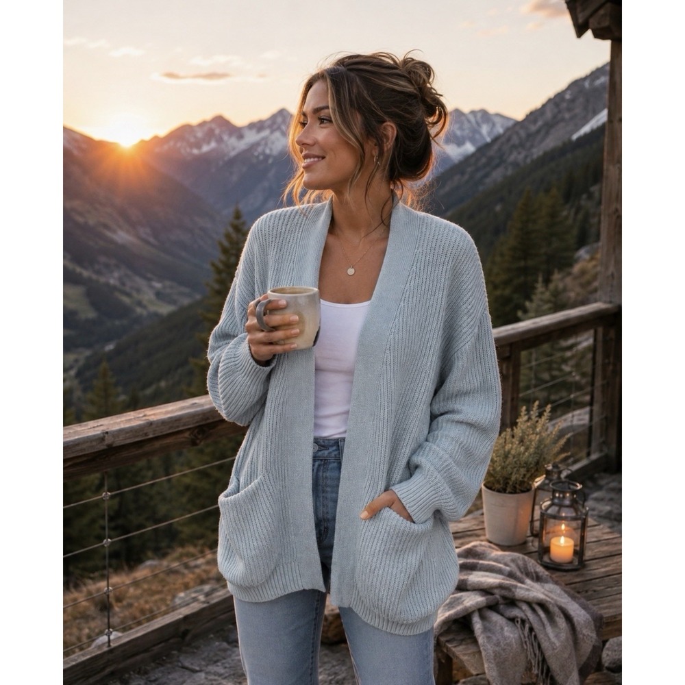 Quince 100% Organic Cotton Oversized Cardigan Women's XL Gray Open Front Pockets